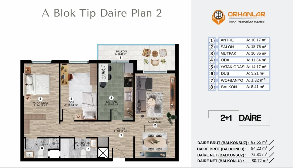 Dora Park Elvankent (Dorapark Bulvar) A Blok Tip 2 (2+1) kat planı